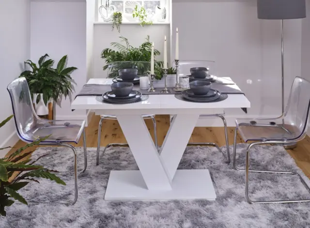 White Gloss Dining Table Extendable 120 to 160cm Top Stylish Modern V Pedestal Leg 6-8 Seater ...
