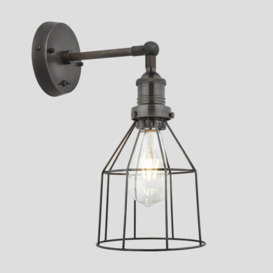 Industville - Brooklyn Wire Cage - 6 Inch - Cone - Wall Light Fixture - Black / Grey Colour - Pewter / Brass Material - 26.5 x 16 x 24cm