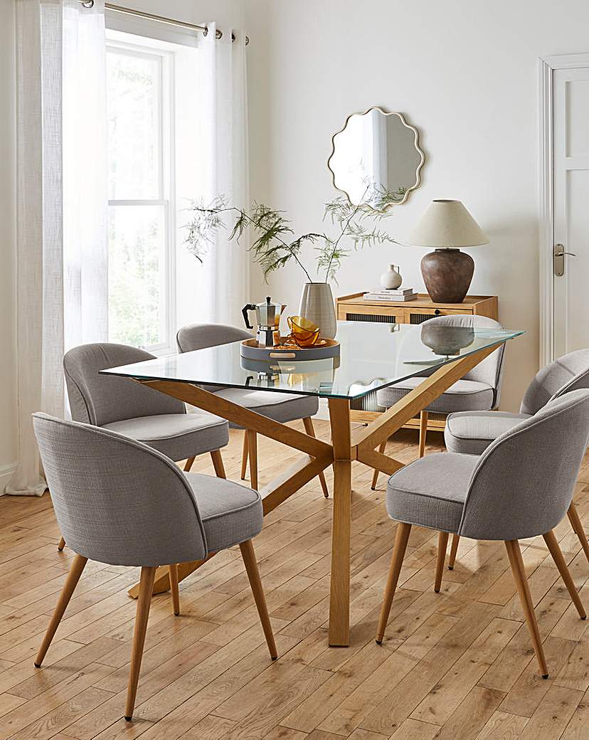 Bodie Oak Table & 6 Emilie Fabric Chairs Oak/Grey by JD Williams