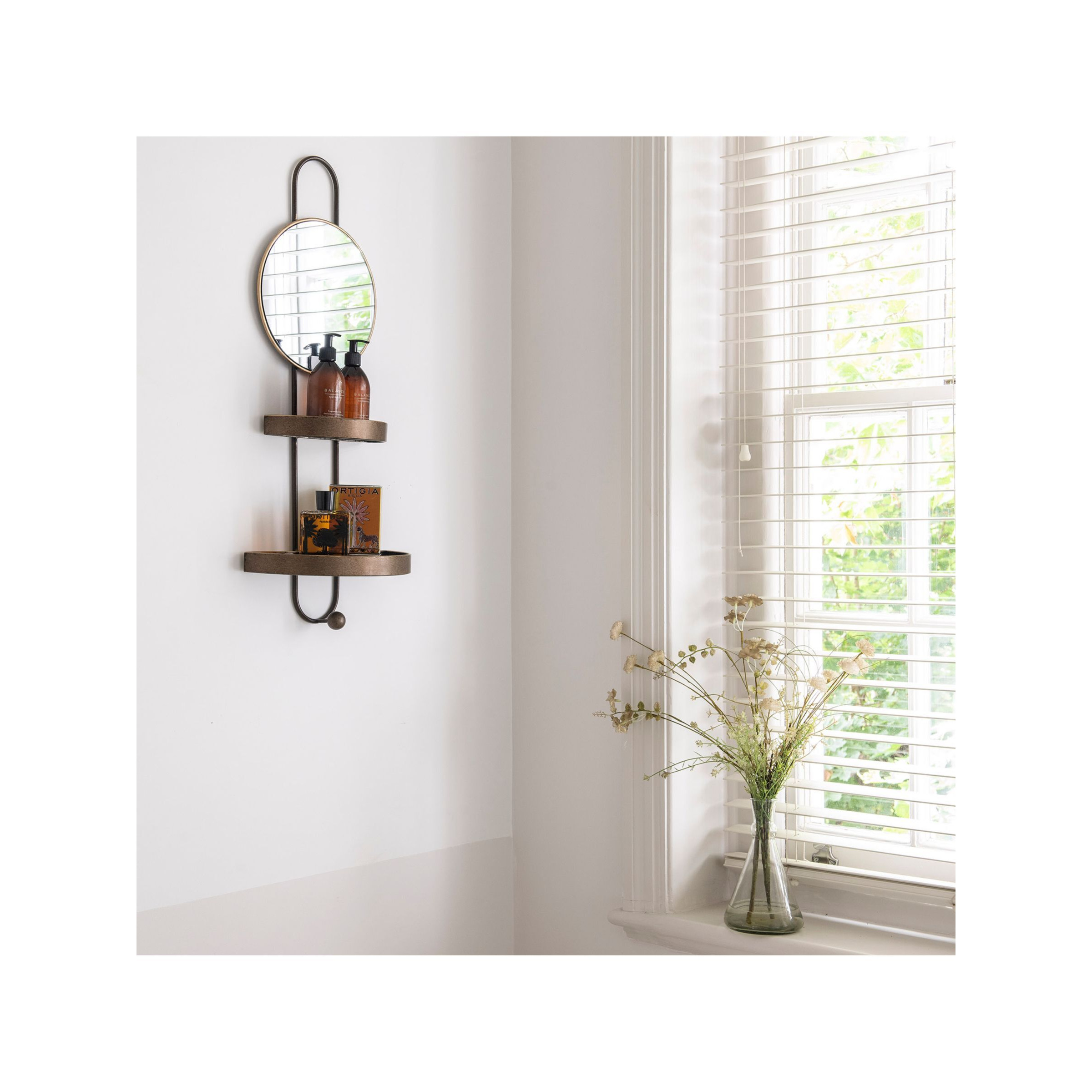One.World Granville Round Metal Wall Mirror with Shelves, 76.5 x 30cm