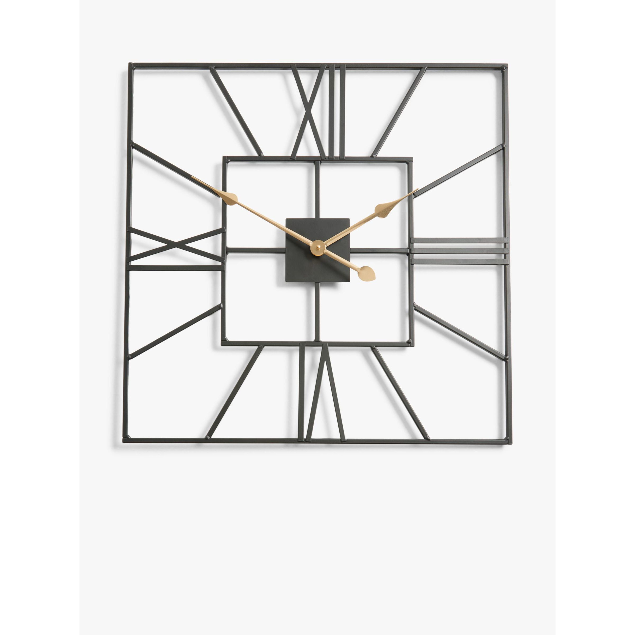 John Lewis Square Skeleton Roman Numeral Analogue Wall Clock, 60cm, Black by John Lewis