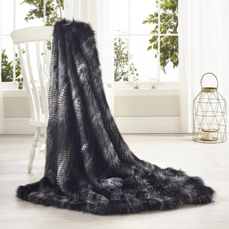 Black Peacock Faux Fur Throw Standard by Katrina Hampton