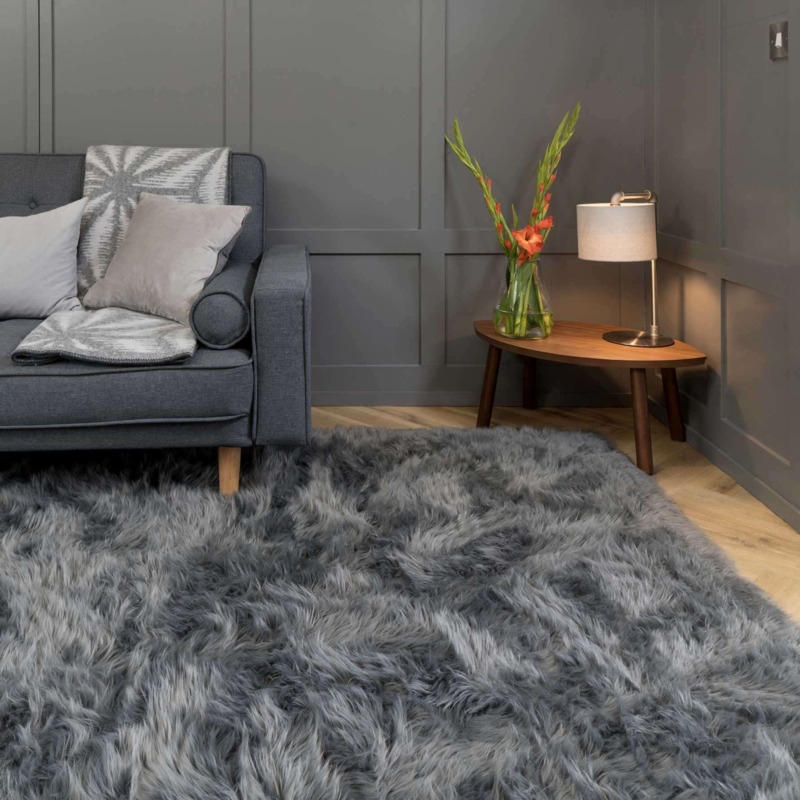 Dark Grey Faux Fur Sheepskin Rug Isla by Kukoon