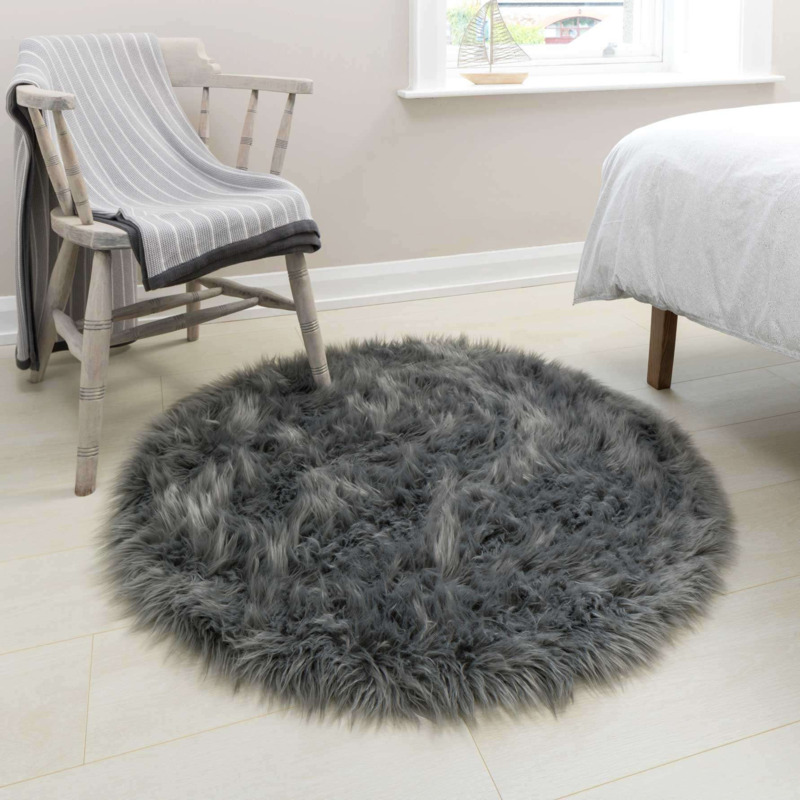 Round Dark Grey Faux Fur Sheepskin Rug Isla 100cm x 100cm Circle by