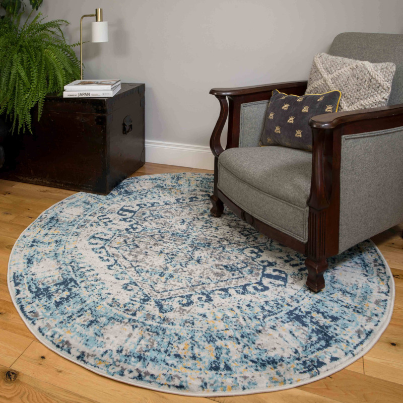 Round Circle Blue Oriental Distressed Vintage Rug Oscar 120cm x