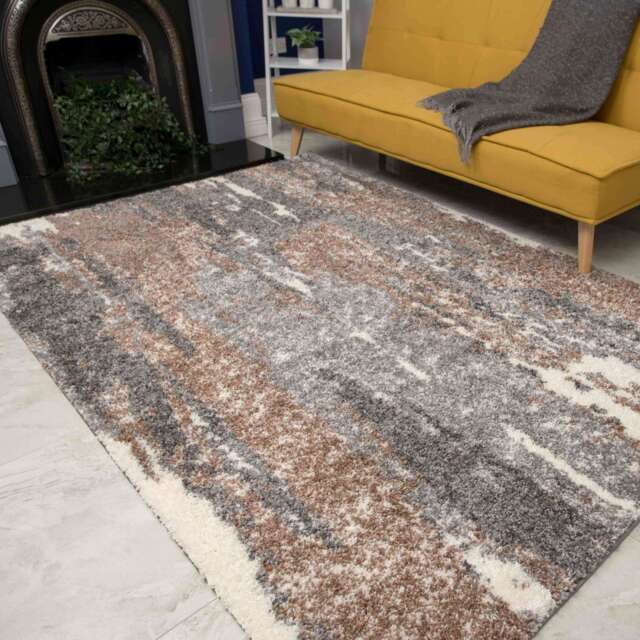 Murano Rugs Brown Grey Distressed Mottled Shaggy Living Room Rug - Murano - 80cm x ...