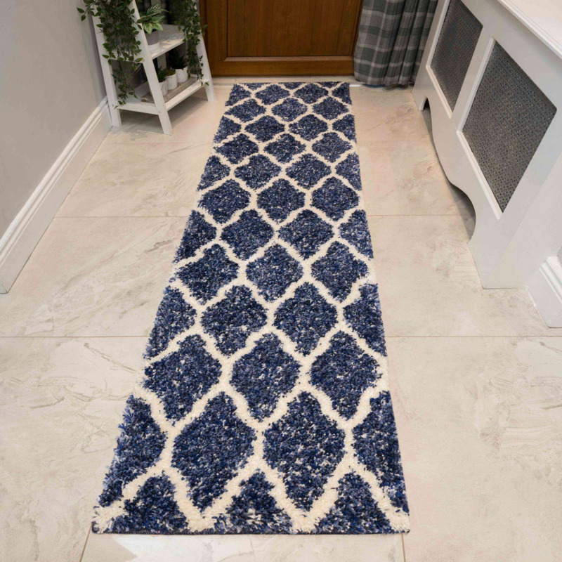 Blue Trellis Mottled Shaggy Hall Runner Rug Murano by Kukoon