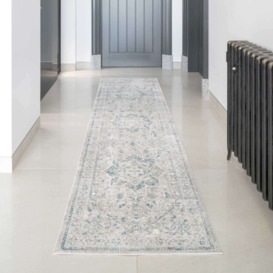 Traditional Blue Distressed Motif Hall Runner Rug - William