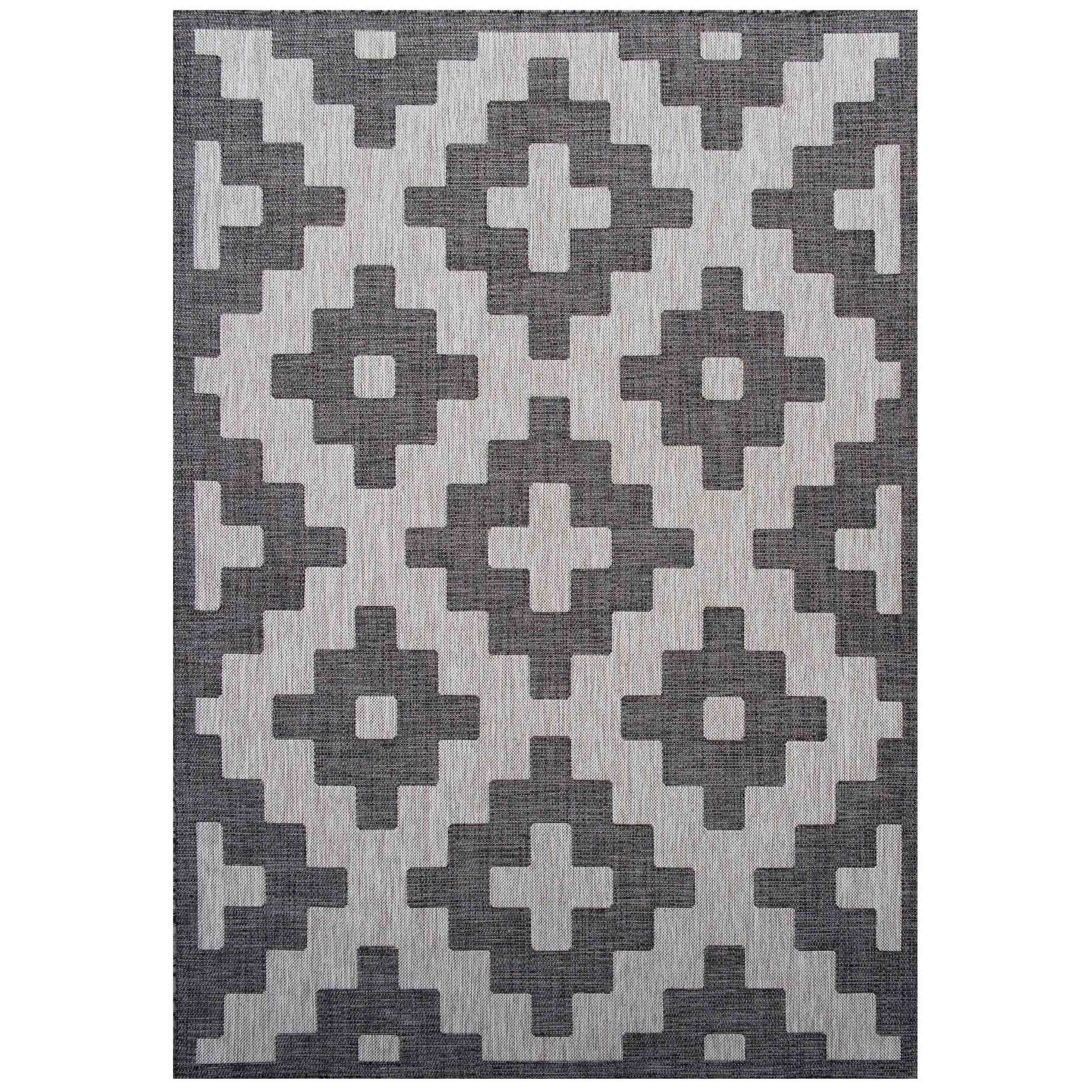 Black Grey Geometric Weatherproof Outdoor BBQ Area Rug Florida by