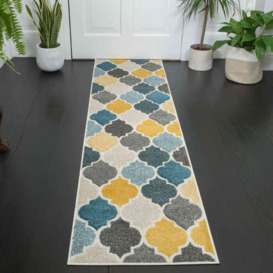 Soft Moroccan Tiled Pattern Yellow Blue Hall Runner Rugs - Westland