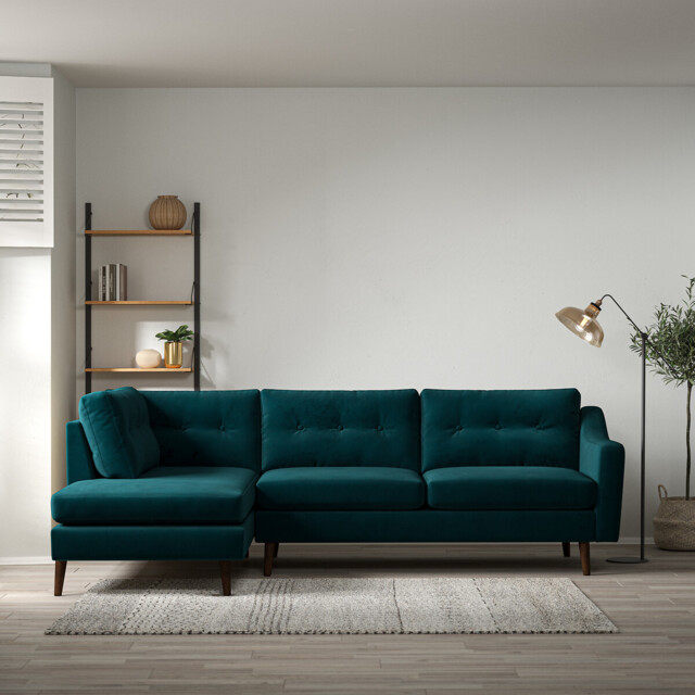Rosa Curve Buttoned Velvet Corner Chaise Sofa with Dark Wood Legs (Left ...
