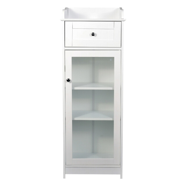 Classic White Wood 2-Door Bathroom Floor Cabinet with Glass Paneled Doors