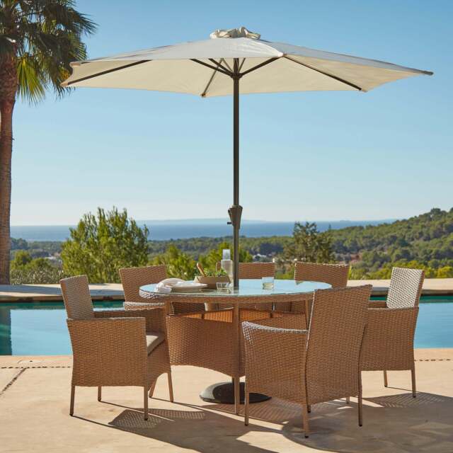 Cream Rattan Dining Set Kemble 6 Seater Rattan Round Garden Dining Set with Cream LED Premium ...