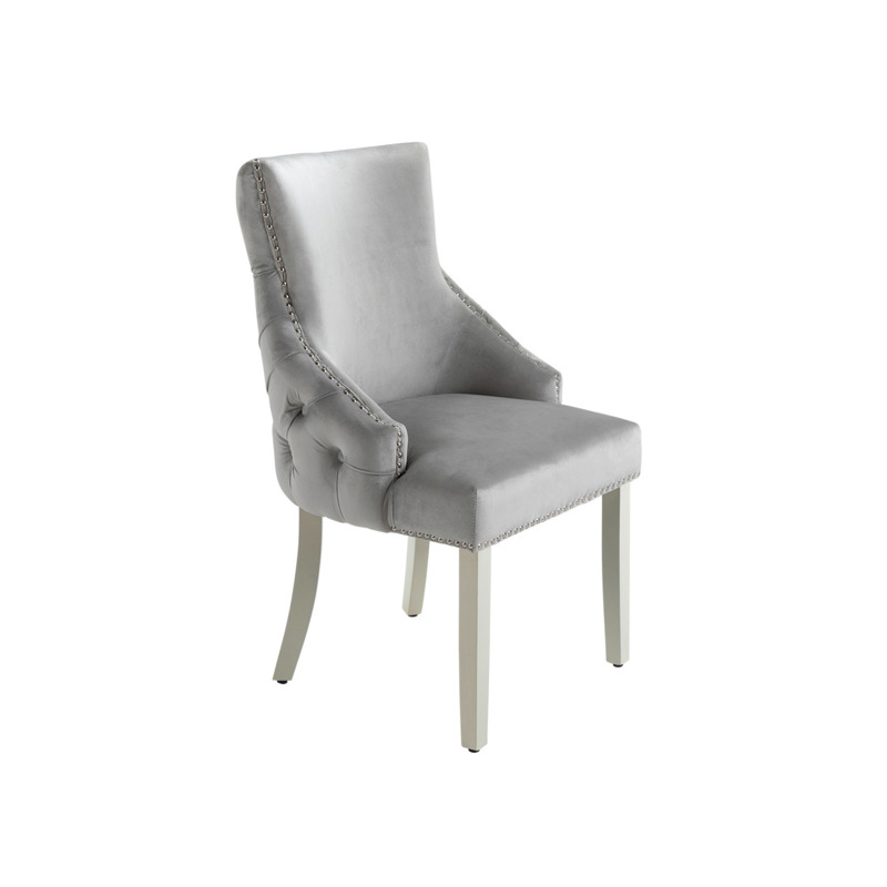 Scoop Back Dining Chair in Light Grey Velvet with Round Knocker and