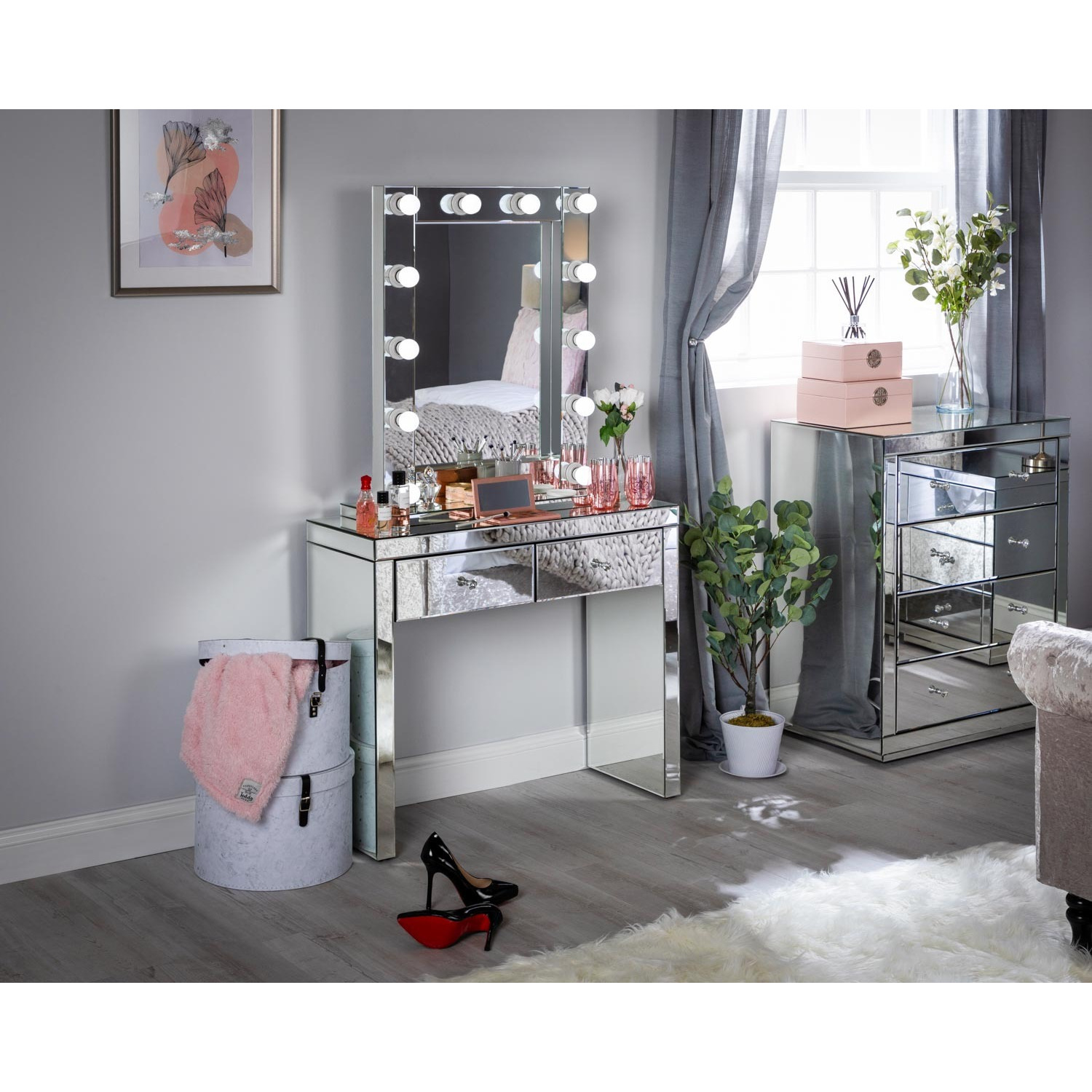 Silver Mirrored Console Table Set and Small Hollywood Mirror - Monroe ...