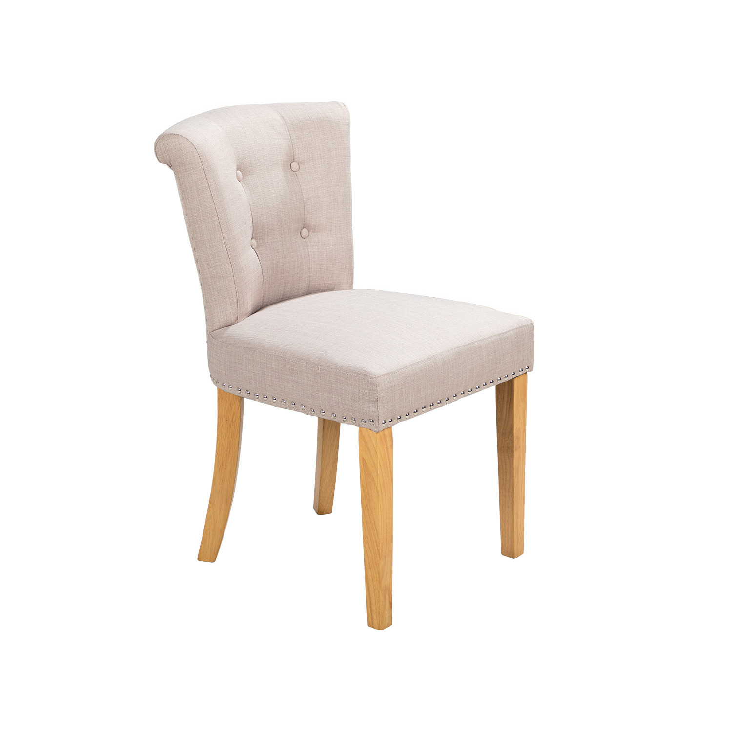 Scroll Top Dining Chair in Cream Linen With Knocker and Oak Legs