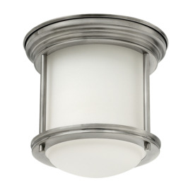 Quintiesse QN-HADRIAN-MINI-F-AN-OPAL Hadrian 1 Light Flush Ceiling Light In Antique Nickel With Opal Glass IP44