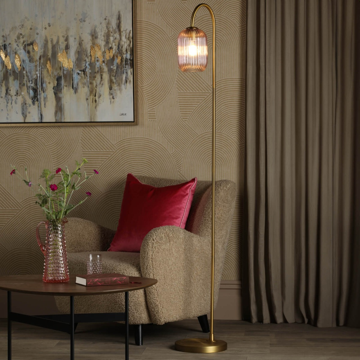 Dar Lighting Idra Floor Lamp In Aged Bronze With Pink Ribbed Glass Shade by Lights 4 Living