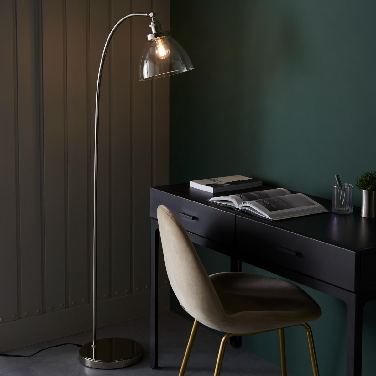 Nostalgia Floor Lamp In Bright Nickel Finish With Clear Glass Shade by