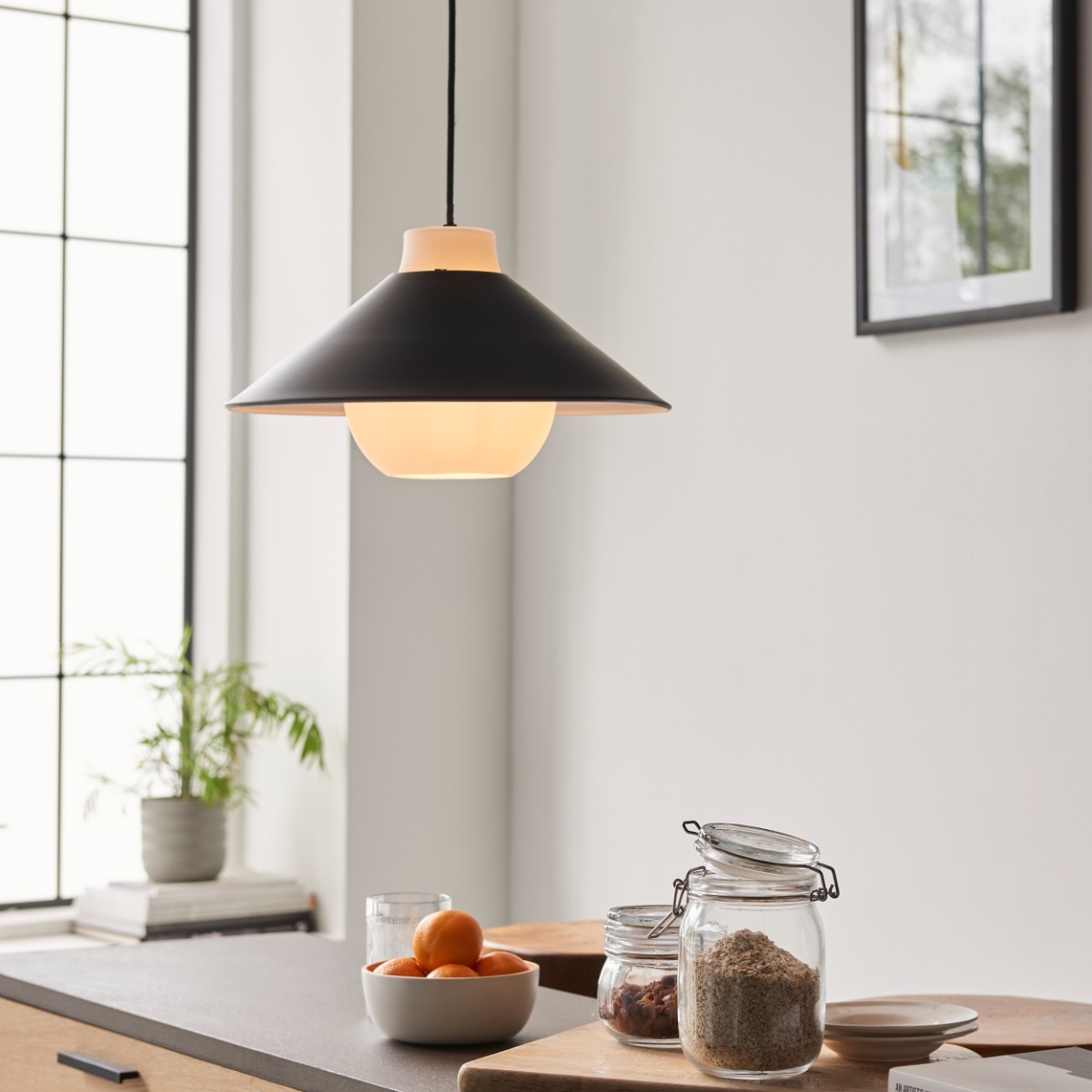 Japandi Cone Ceiling Pendant Light In Matt Black Finish With Matt White