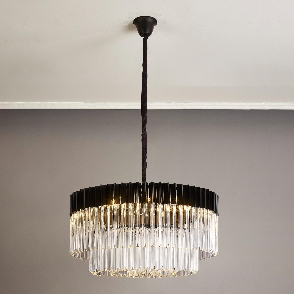 Prestige Metro Round Clear Crystal Ceiling Pendant Light In Matt Black ...