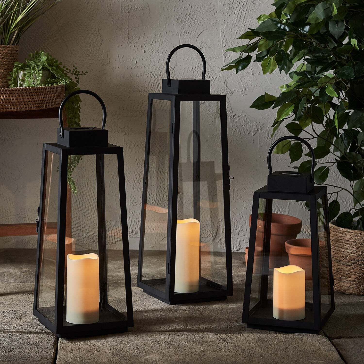 Eliza Trapeze Black Solar Lantern Trio by Lights4fun | uFurnish.com