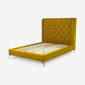 Romare Double Bed, Saffron Yellow Velvet with Copper Legs
