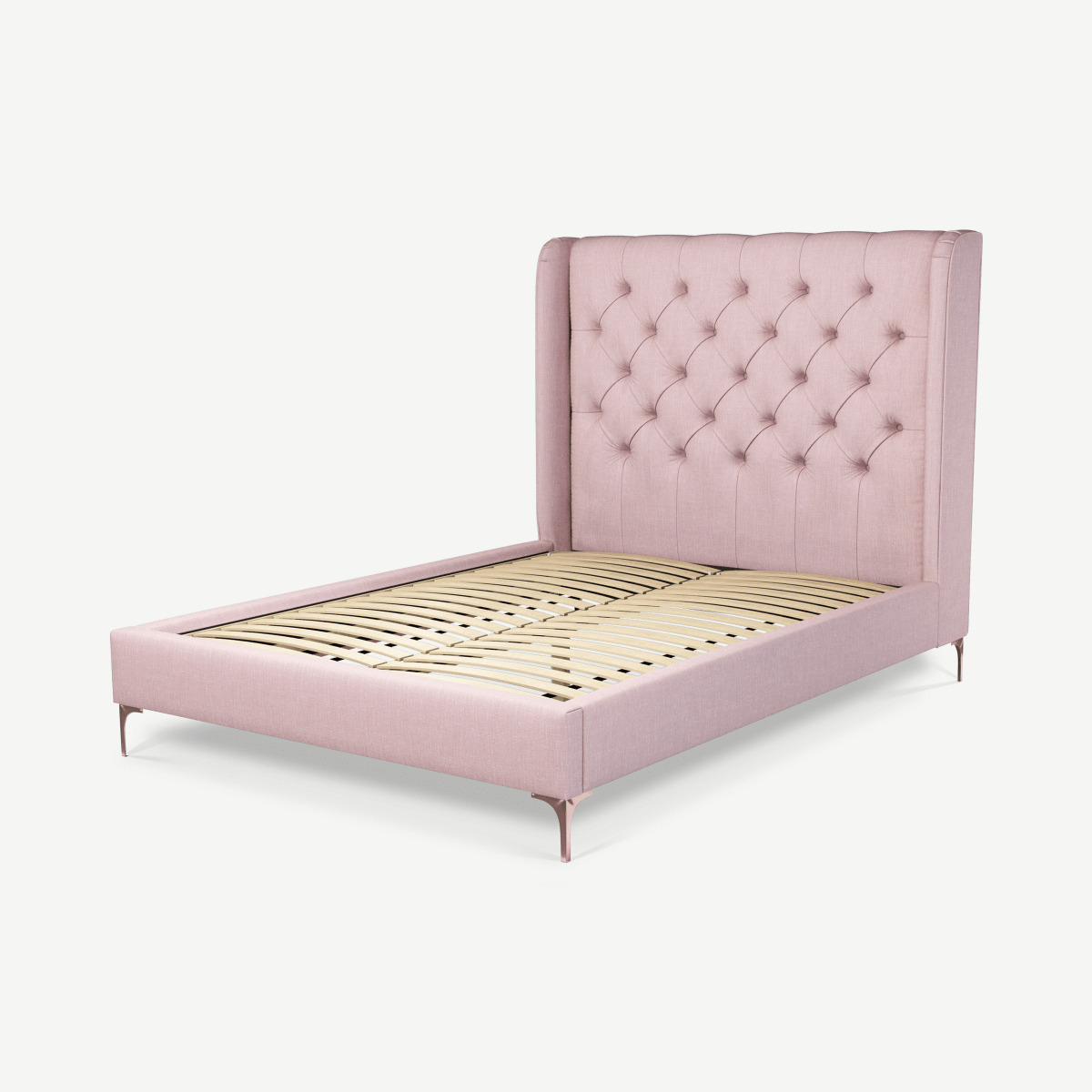 Romare Double Bed, Tea Rose Pink Cotton with Copper Legs
