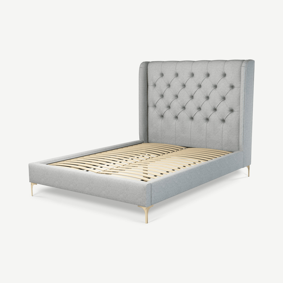 Romare Double Bed, Wolf Grey Wool with Brass Legs