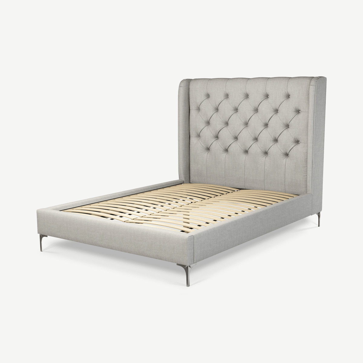 Romare Double Bed, Ghost Grey Cotton with Nickel Legs