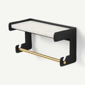 Turaco Toilet Roll Holder with Shelf, Marble & Matte Black