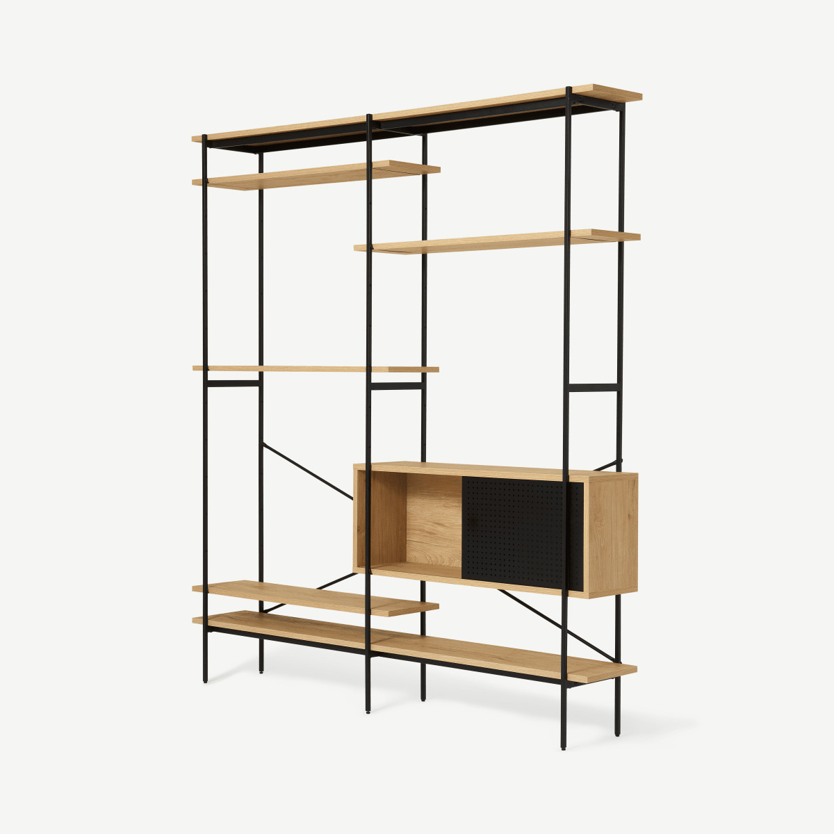 Angus Wide Shelving Wall Unit, Oak Effect & Perforated Metal