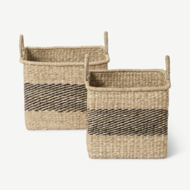 Eddie Set of 2 Striped Baskets, Black & White Natural Seagrass