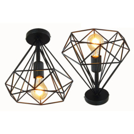 Axhup - 2X Ceiling Light Fixture Vintage Industrial Simple Black Ceiling Lamp Ø25cm Metal Diamond Cage Chandelier with Lampshade for Living Room