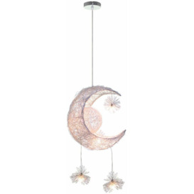 Creative Pendant Light Fairy Moon Stars Shape Hanging Ceiling Lamp Modern LED Braided Chandelier with Lampshade for Kid Bedroom (Warm White)
