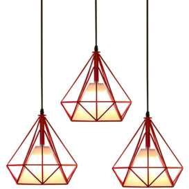 3pcs Pendant Light Fixtting, Industrial Metal Diamond Chandelier, Hanging Ceiling Lamp with Cage Lampshade E27 for Bedroom Living Room for Kitchen