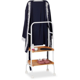 Relaxdays - Valet Stand On Wheels, Clothes Rail With 2 Shelves, Metal & Bamboo Towel Stand, 129 x 42 x 32 cm, White