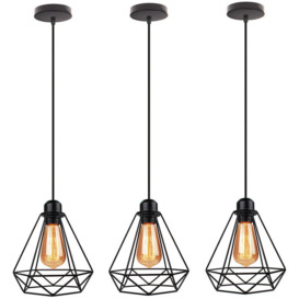 Axhup - 3pcs Vintage Pendant Light Fixture, Industrial Hanging Ceiling Lamp with Metal Ø20cm Diamond Cage Lampshade, E27 Holder Chandelier (Black)