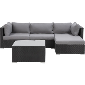 Garden Sectional Sofa w/ Square Coffee Table Black Wicker Rattan Grey Cushions Sano - Black