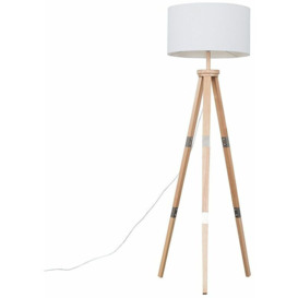 151cm Floor Lamp Wooden Tripod in Light Wood with Drum Shade - White
