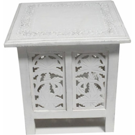 Antique Effect Square Carved Wooden Bedside Lamp Table Side End Coffee Tables [White,Large 45x45x46 cm]