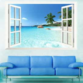 Large Removable Beach Sea 3D Window View Scenery Wall Sticker Decor Decals pvc