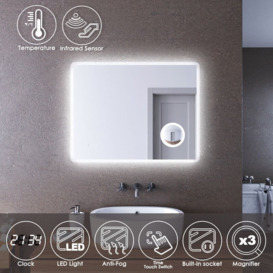 Elegant - led Illuminated Bathroom Mirror with Infrared Sensor 900 x 700mm with 3 Times Magnifying Glass Shaving Socket Clock Display Anti-foggy Led
