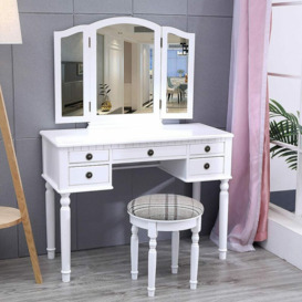 Livingandhome - Makeup Dressing Table Stool Set with 5 Drawers and Foldable Mirror