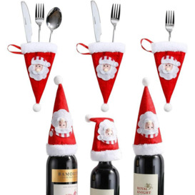 Briday - Christmas Santa Hats Silverware Holders, Mini Bottles Cover, Cutlery Fork Spoon Knife Storage Bag, Cute Tableware Christmas tree Decoration