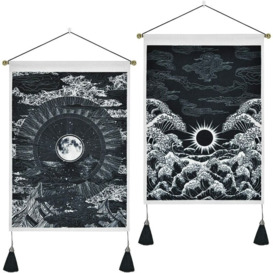 Pack of 2 Tapestry Moon and Star Tapestry Ocean Wave Tapestry Black and White Tapestries Mountain Tapestry Sunset Great Wave Tapestry Wall Hanging