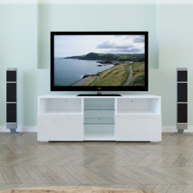 Led tv cabinet modern indoor wall mounted tv bracket high gloss living room furniture 120cm white - White