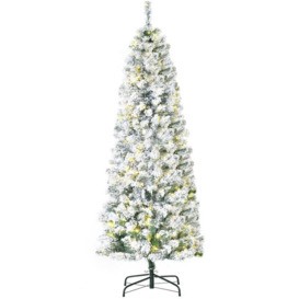 Homcom - 6FT Prelit Snow Flocked Christmas Tree w/ Light, Xmas Decoration Green