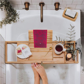 Livingandhome - Bamboo Wood Bathtub Tray with Tablet Holder Cup Slot, Natural