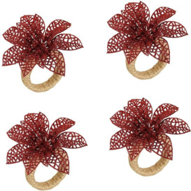 Set of 4 Christmas Napkin Ring Holders with Pine Cones Pine Needles Berries, Poinsettia & Bow Candle Rings Wreaths for Wedding Dinner Table Decor